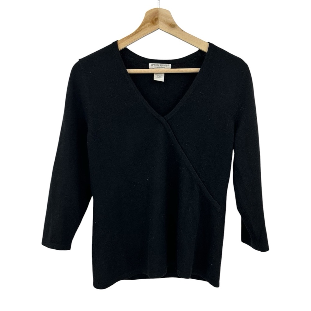 David Bishop 100% Cashmere Black Faux Wrap Sweater